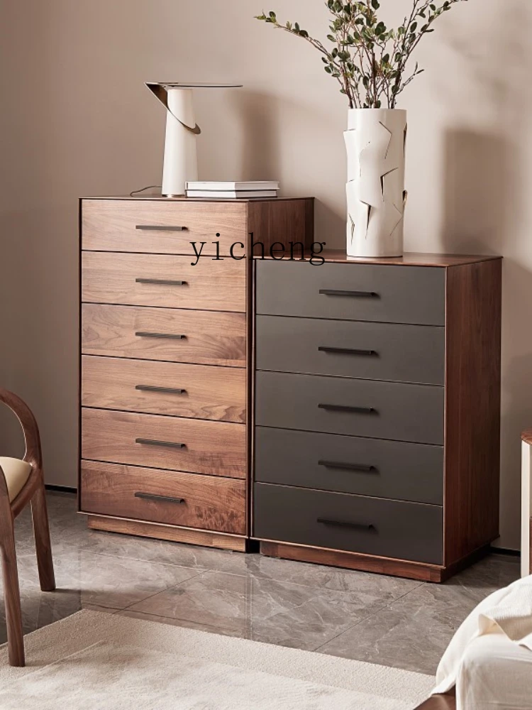 Yy Black Walnut Four-Bucket Chest of Drawers Bedroom Solid Wood Chest of Six Drawers Hallway Storage Cabinet