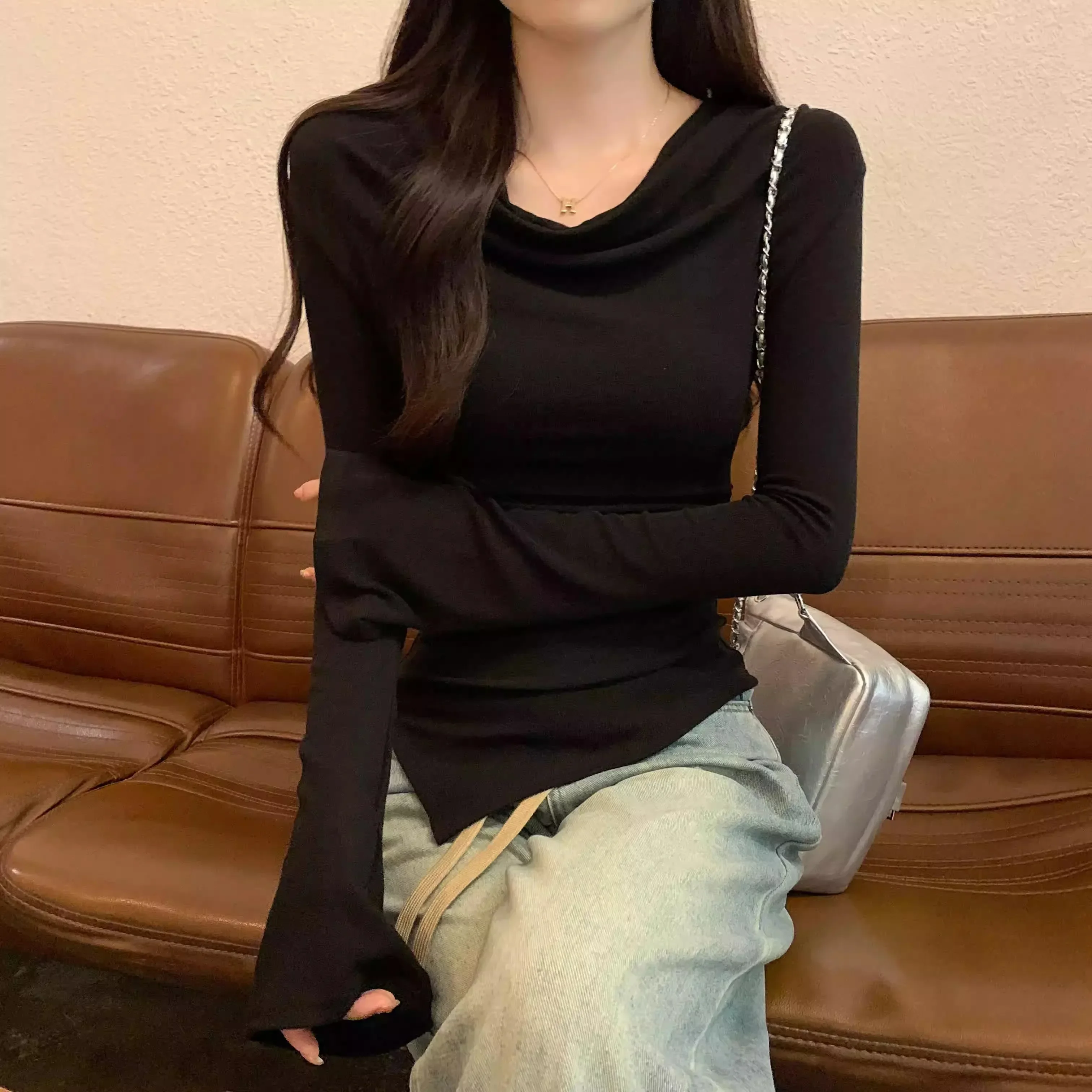 Fashion Irregular Women T-shirt spring autumn long Sleeve slash-Neck casual Solid Slim t shirt Ladies y2k Top Clothes Streetwear