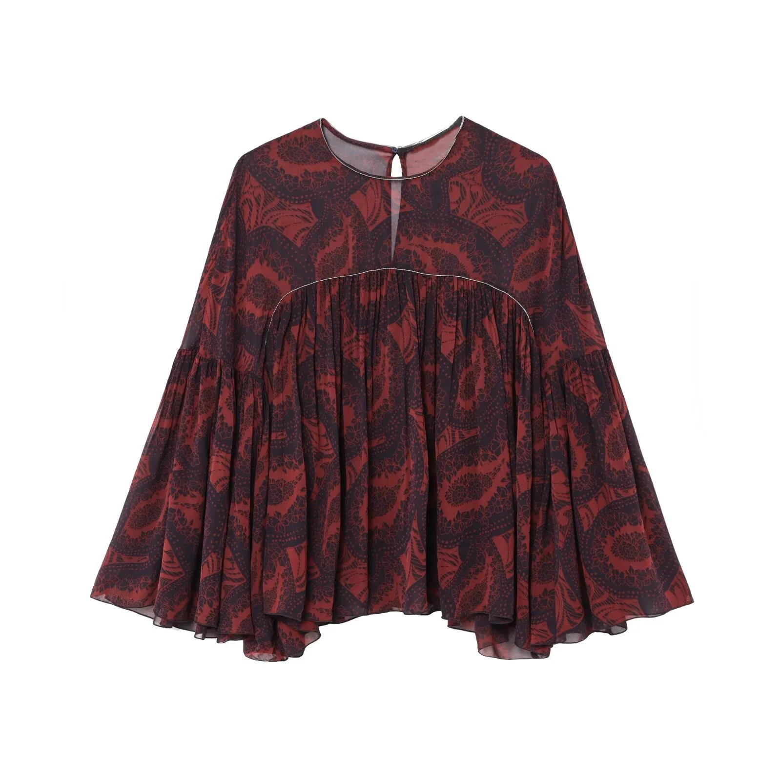 

PB&ZA Women's Round - neck Keyhole - back Bell - sleeved Printed Blouse with Pleated Detail for Summer for a Trendy Look