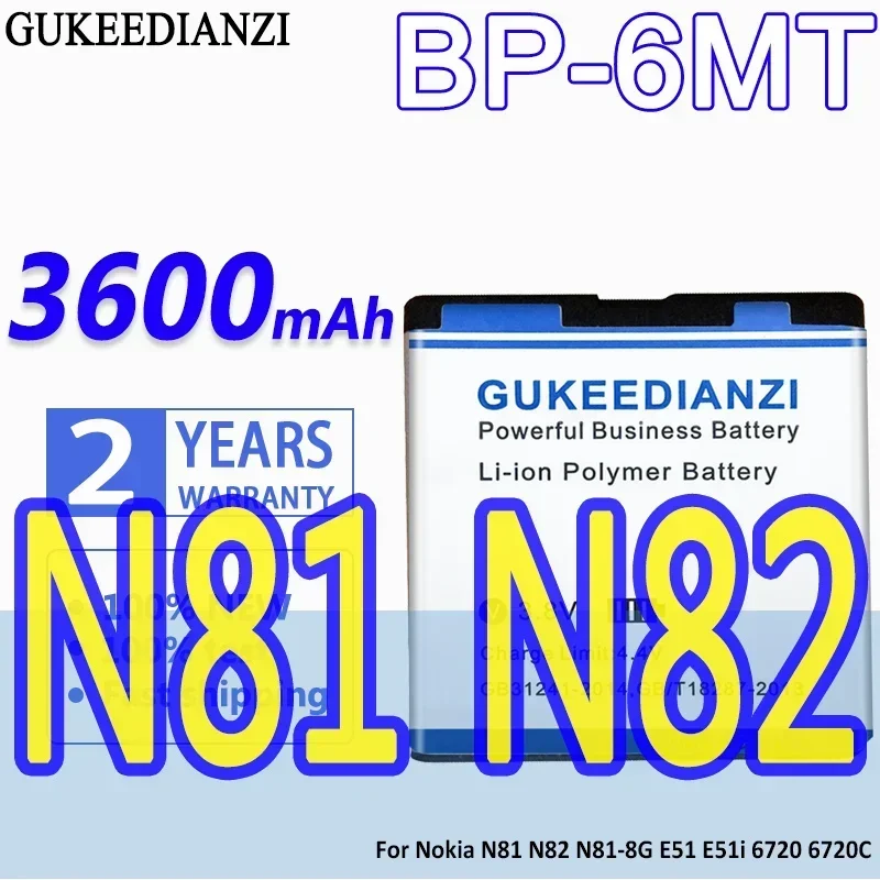 High Capacity GUKEEDIANZI Battery BP-6MT 3600mAh For Nokia N81 N82 N81-8G E51 E51i 6720 6720C Mobile Phone Batteries