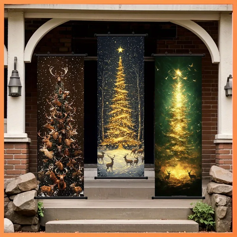 VIKAMA 3PCS Christmas Hanging Banner, Snowy Cabin Reindeer Forest Wall Tapestry for Xmas Porch Decor