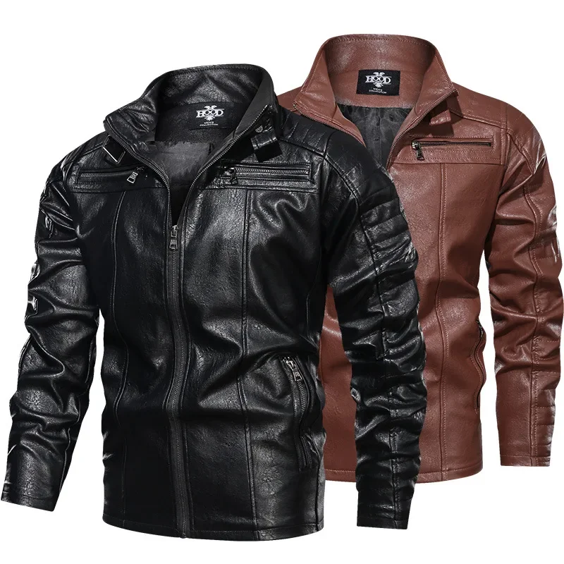 

2023 Men's Autumn Winter Leather Jackets Men Motorcycle Fashion Solid Faux Jacket Stand Collar Casual Windbreaker Mens New Coat