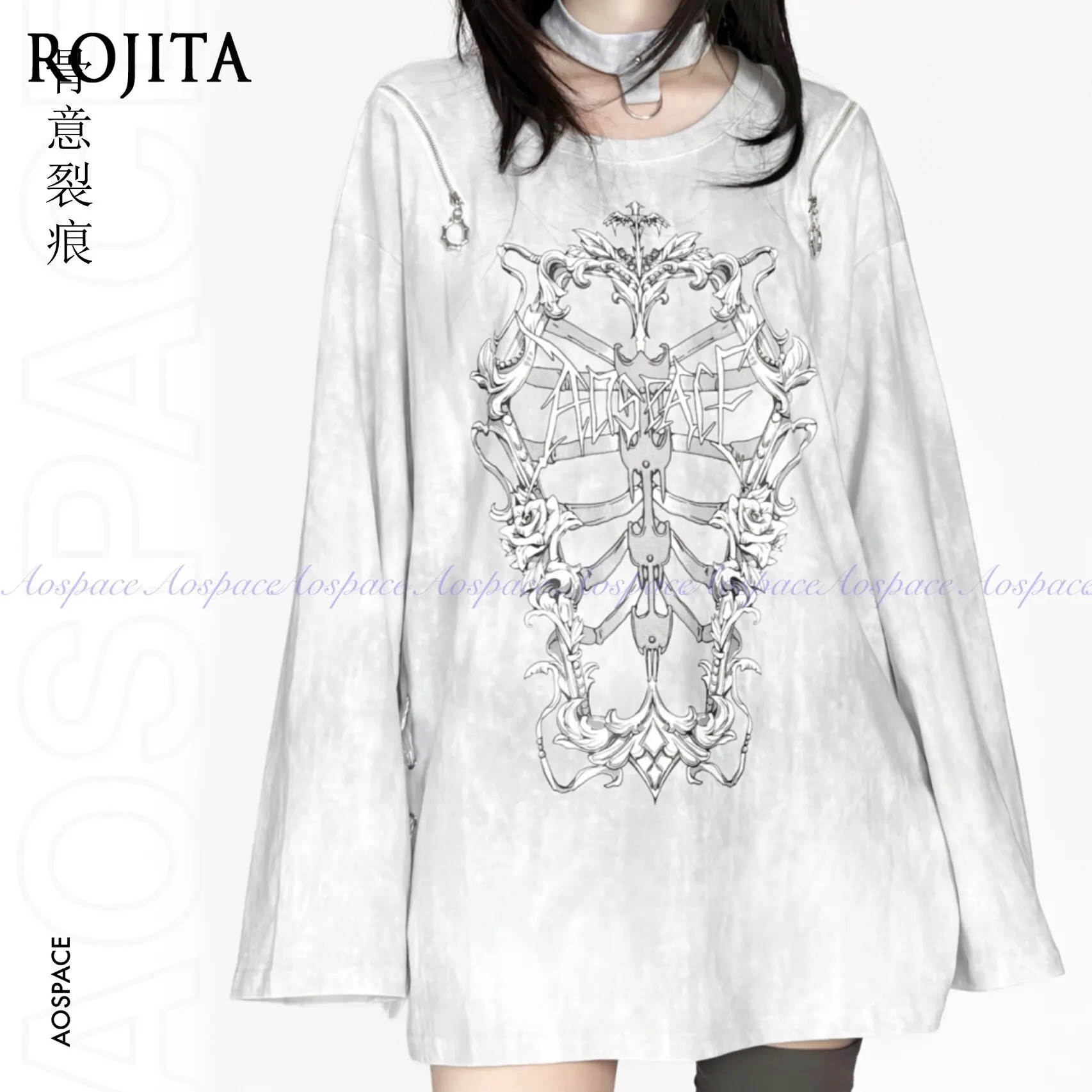 Gothic White Skeleton Rose Print Cold Shoulder Long Sleeve Top Vintage Floral Skeleton Graphic Detachable Halter Design Tee
