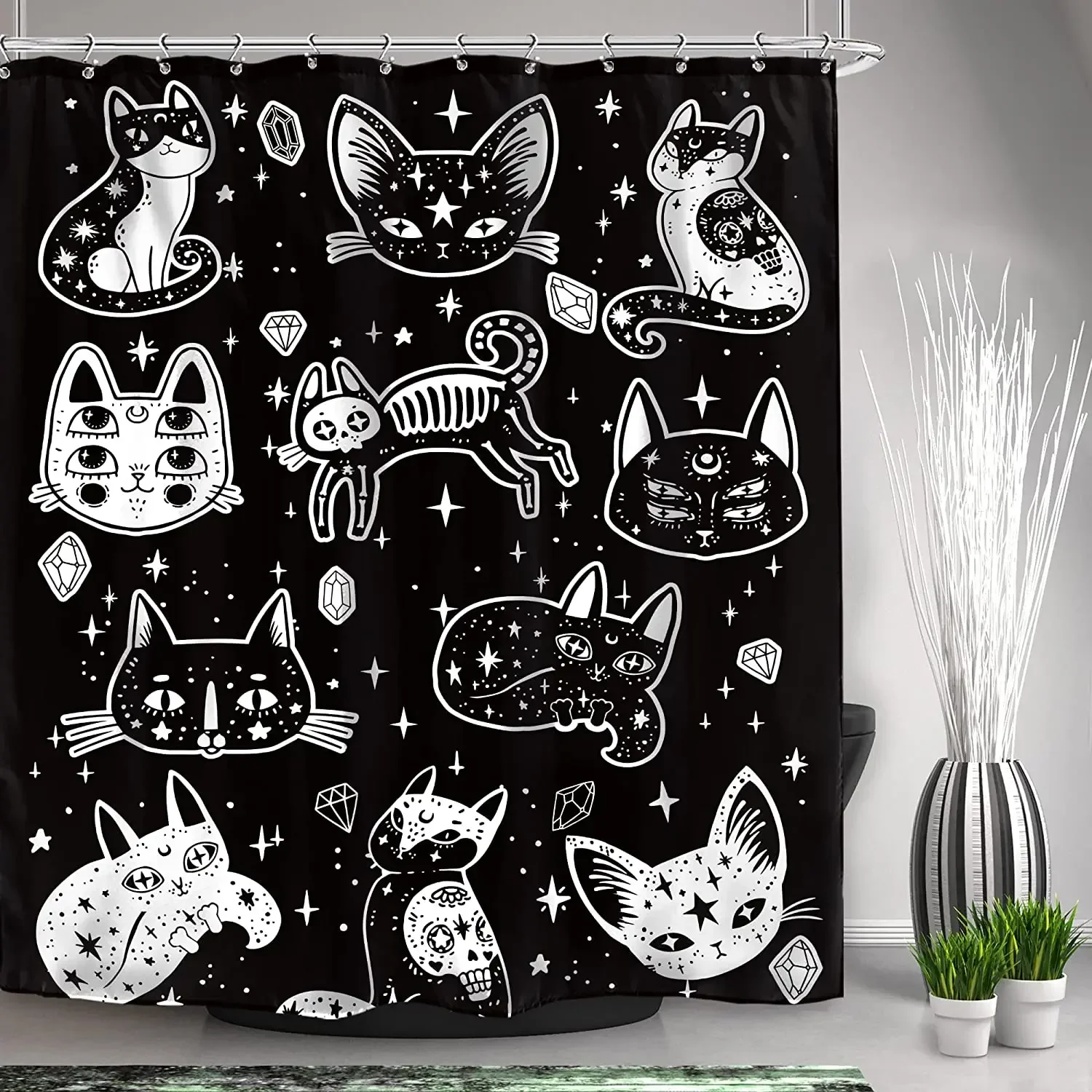 Black White Cats Ghost Kitten Skull Mystic Spooky Painting Shower Curtain Polyester Waterproof Fabric Mysterious Bathroom Decor