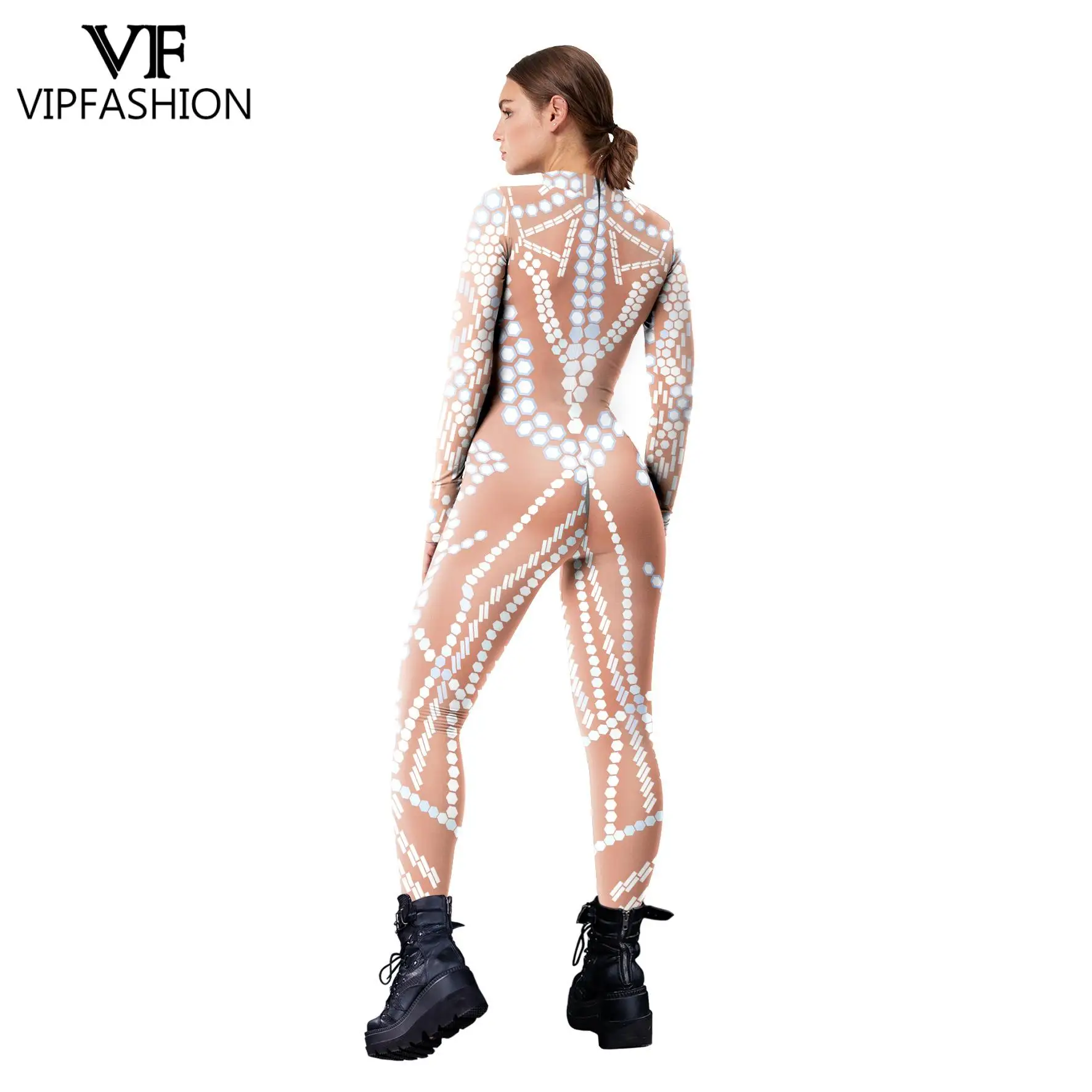 VIP FASHION Sequin Pattern Jumpsuits Women Cosplay Costume Adult Zentai Fitness Bodysuits Long Sleeve Back Zipper Party Outfit