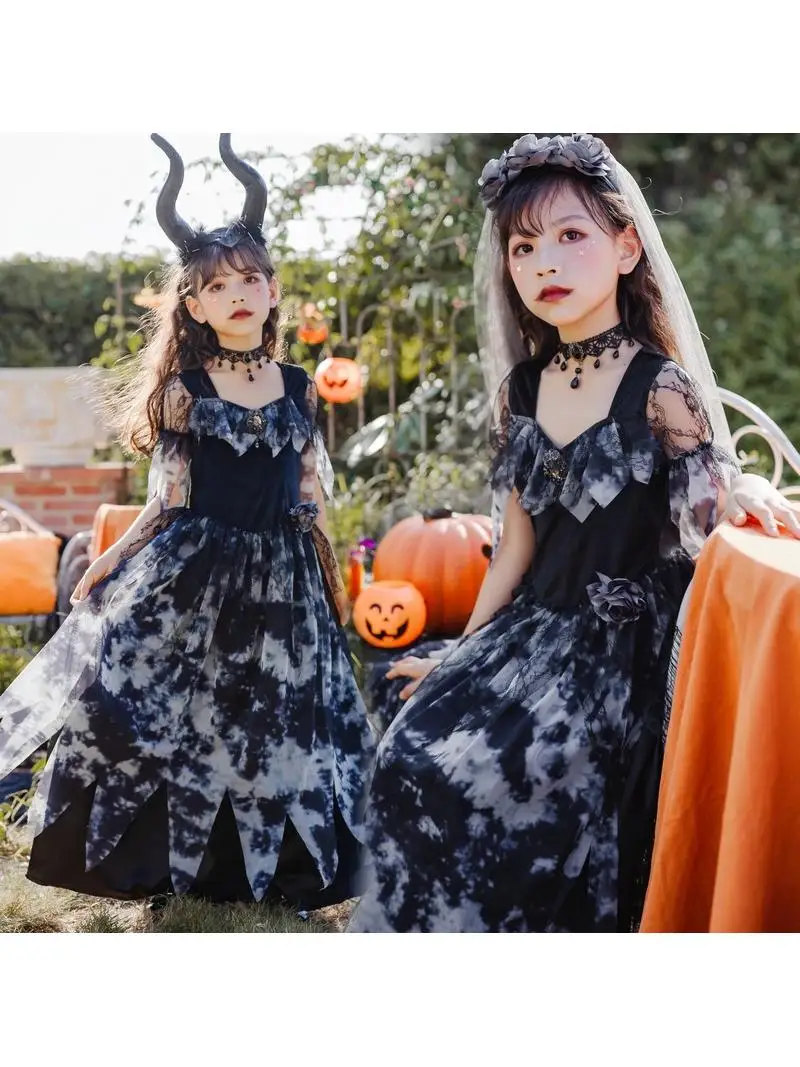 

loween Children's Costume Ghost Bride Dr Witch Long Skirt Stage Gothic Elf Performance Clothing Fem Fairy T Theme