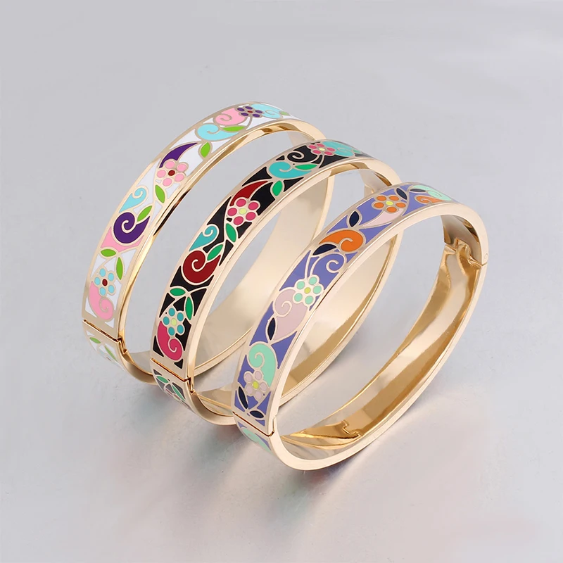 Color Culture 10mm Feather Design Pattern Opening Bracelet  for Women Stainless Steel Enamel  Bangles Ethnic Jewelry