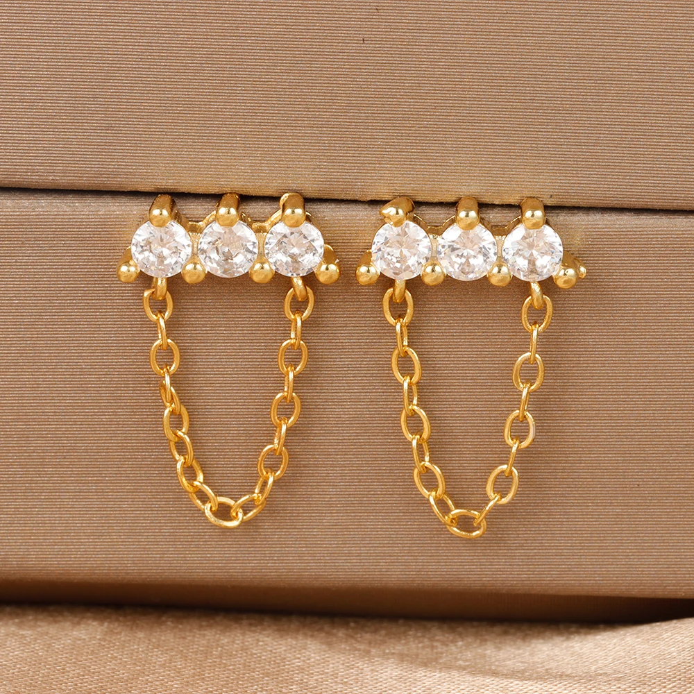 Fashion Zircon Link Chain Cross Hoop Earrings For Women Korean Stainless Steel Circle Huggie Piercing Earrings Wedding Jewelry