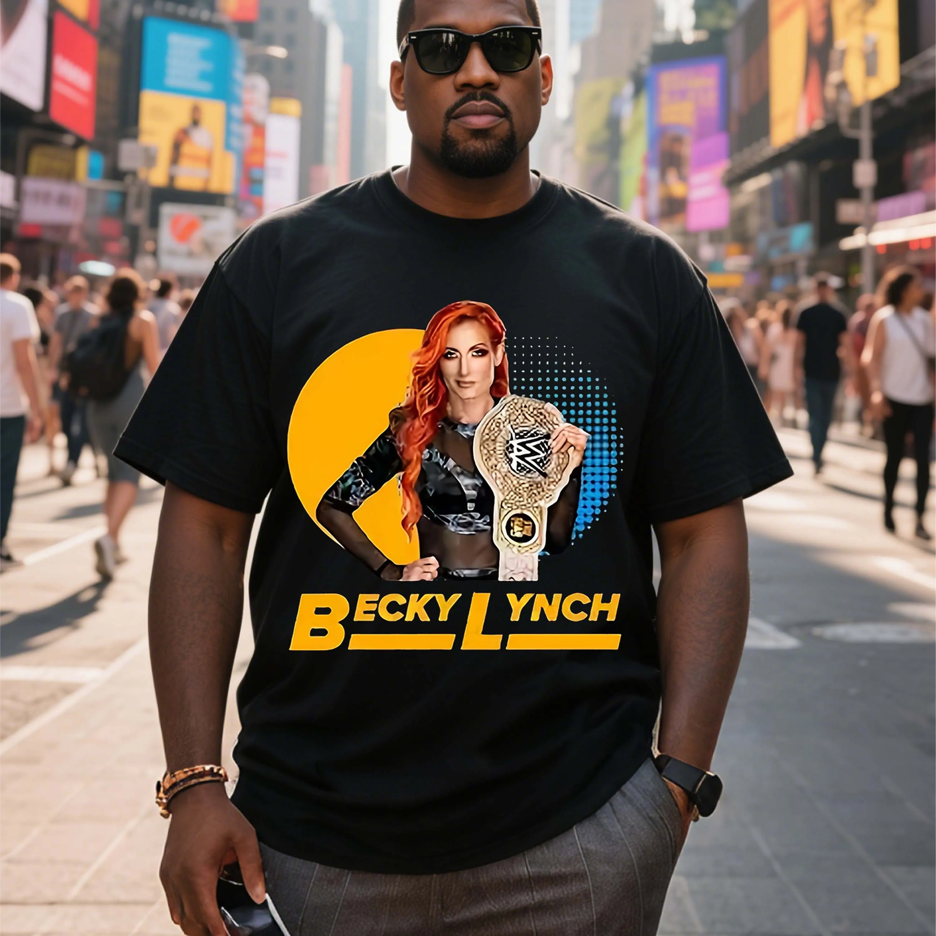 T-shirt in cotone nero taglie forti con design grafico Wrestling Star Becky Lynch adatta per abbigliamento per il tempo libero all'aperto in estate