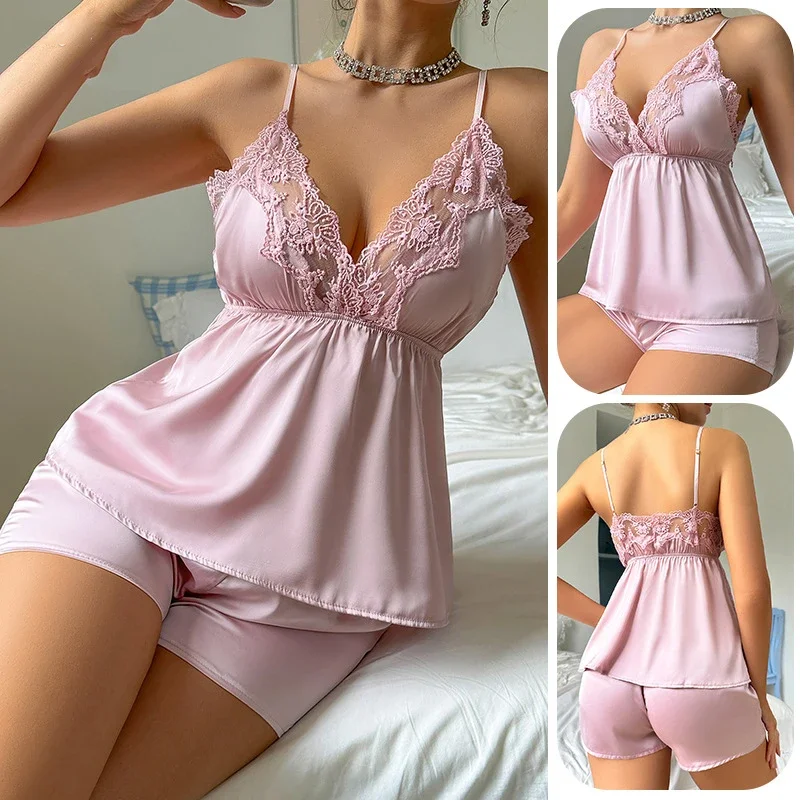 

Summer New Female Pajama Strap Top&shorts Intimate Lingerie Sexy Lace Trim Sleepwear Underwear Ice Silk Home Clothes Loungewear