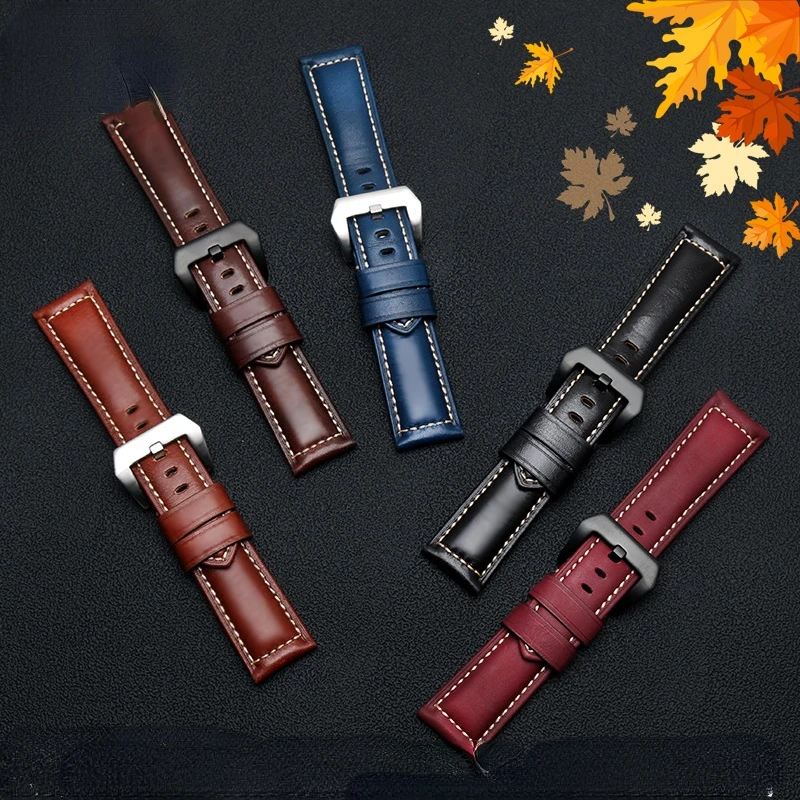 Genuine Leather Watch Strap for Panerai Citizen Casio Police Vintage Male Soft Comfortable Watch Band Accessories 22mm 24mm 26mm