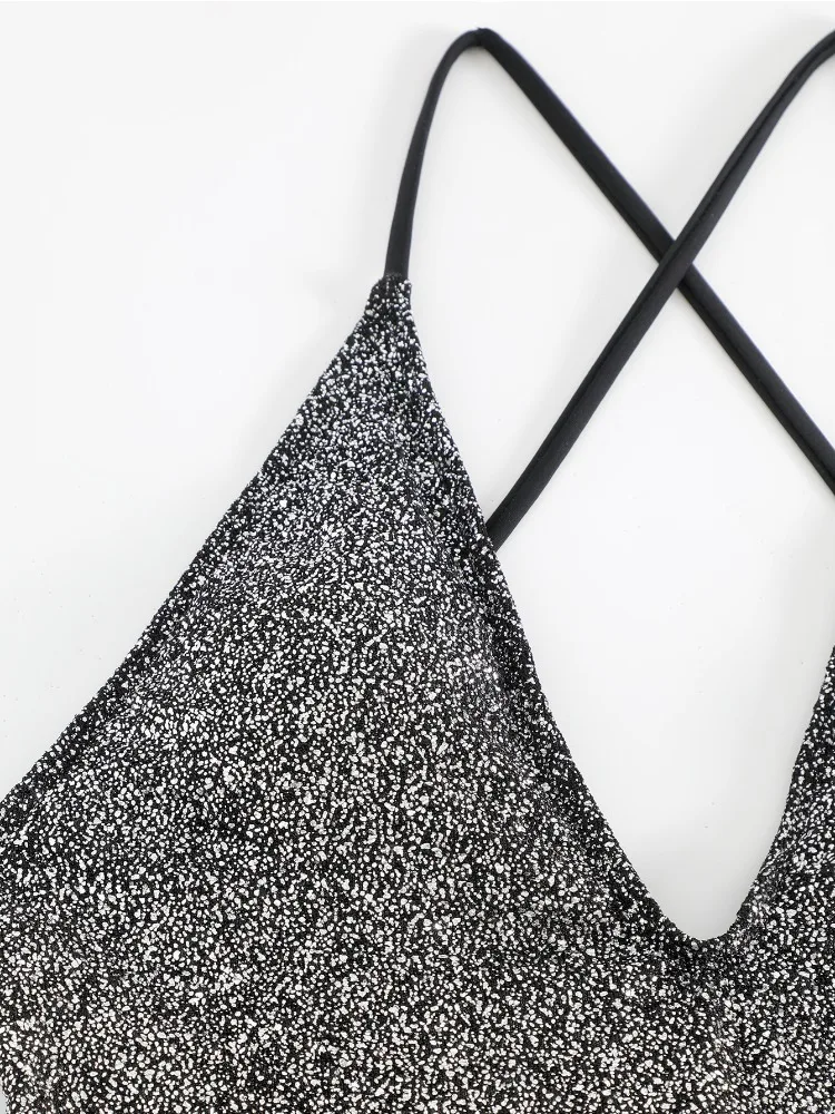 2025 neue Sexy Frauen Shiny Glitter V-ausschnitt Kreuz Zurück Ein Stück Bikini Badeanzug Sommer Strand Badeanzug traje de baño de mujer