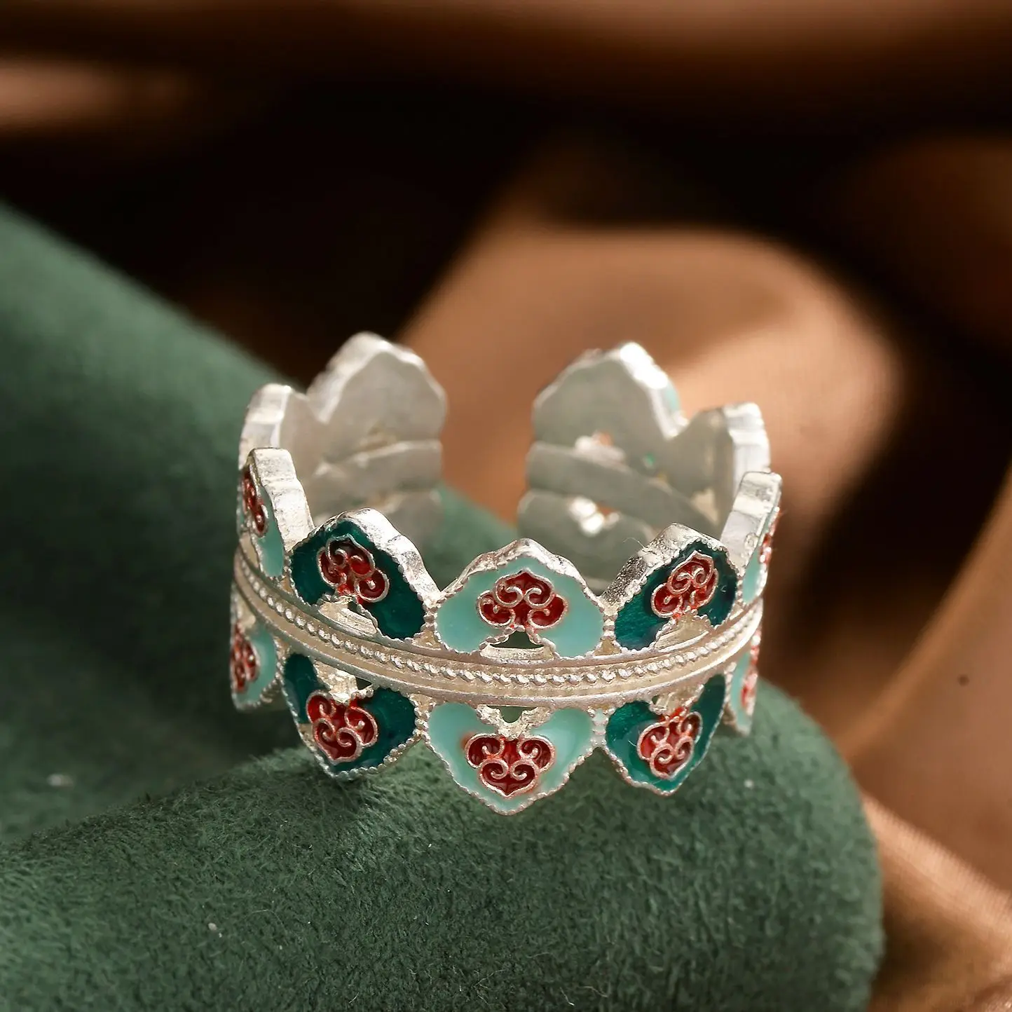 925 silver green enamel color auspicious cloud rings for women retro antique charms ring adjustable banquet jewelry gift