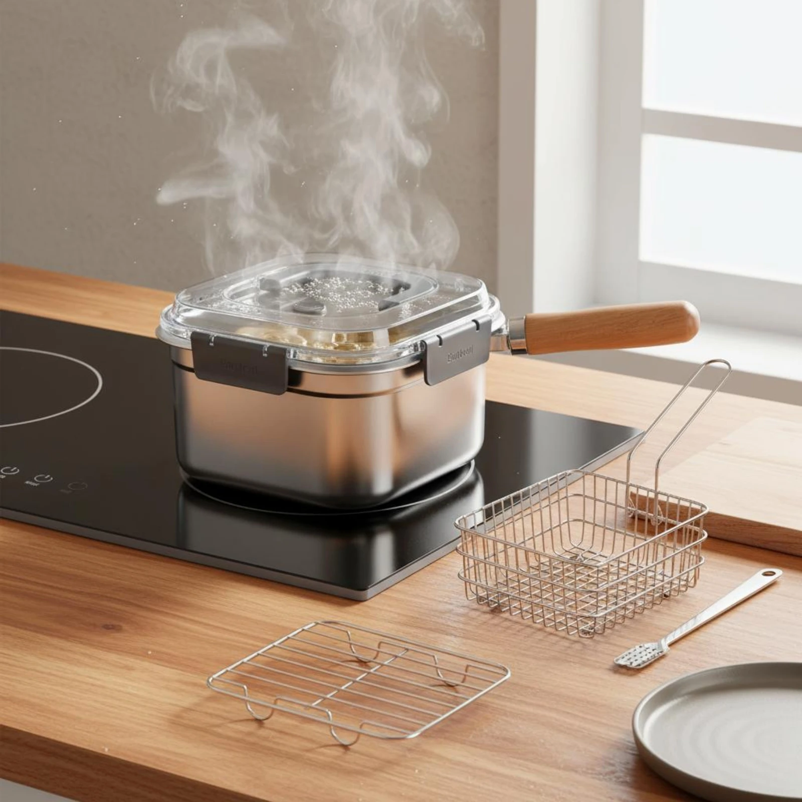 

Stainless Steel Fryer Pot Detachable Handle Deep Fryer Pot with Basket All Stovetop Compatible for Outdoor Meal, Travel