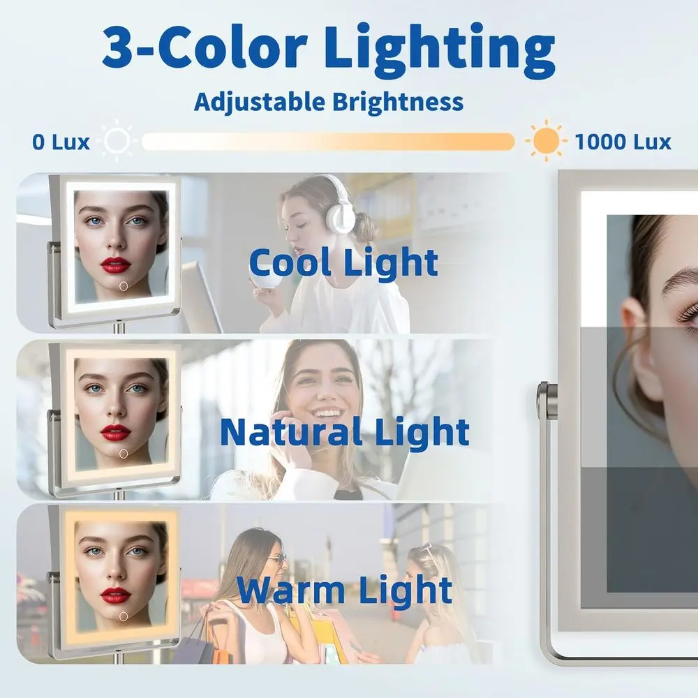 مرآة مكياج LED مزدوجة الجوانب مع تكبير 1X/10X، تعتيم شاشة اللمس، 360 درجة ° ذراع دوار من النيكل المصقول #6