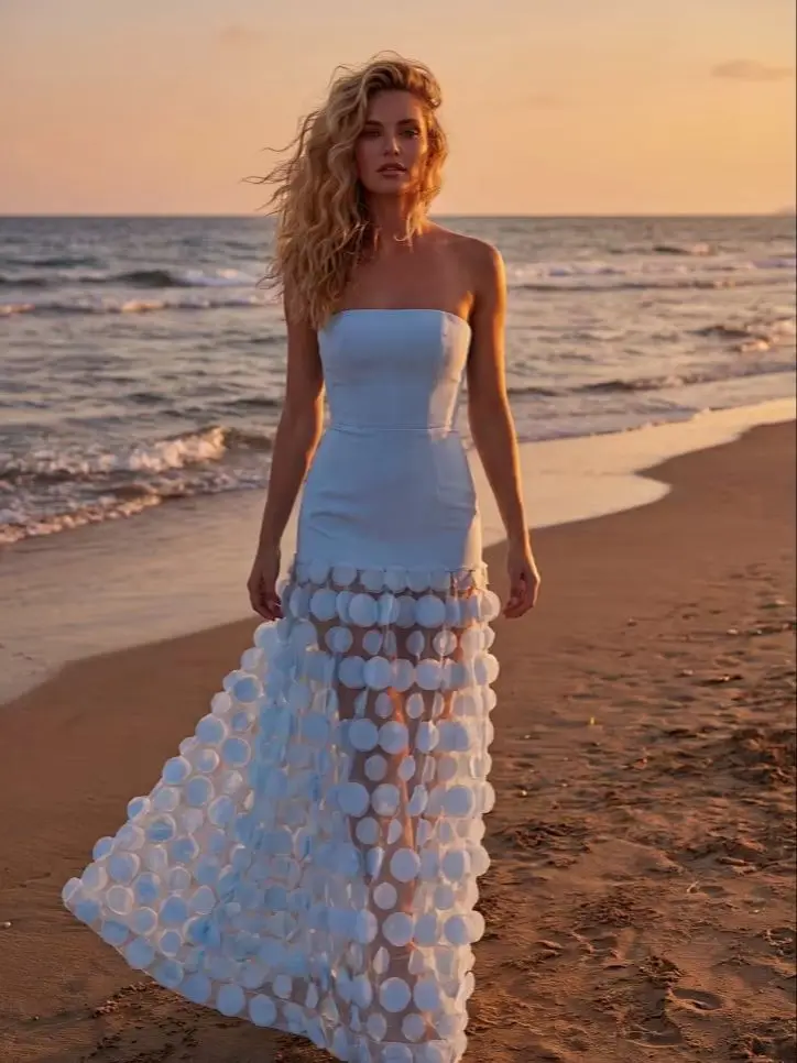 Fashion Women\'s Tulle Tutu Sleeveless Off Shoulder Dress Solid Color 3D Dot Gauze Lace Fairy A-Line Dress Luxury Evening Party