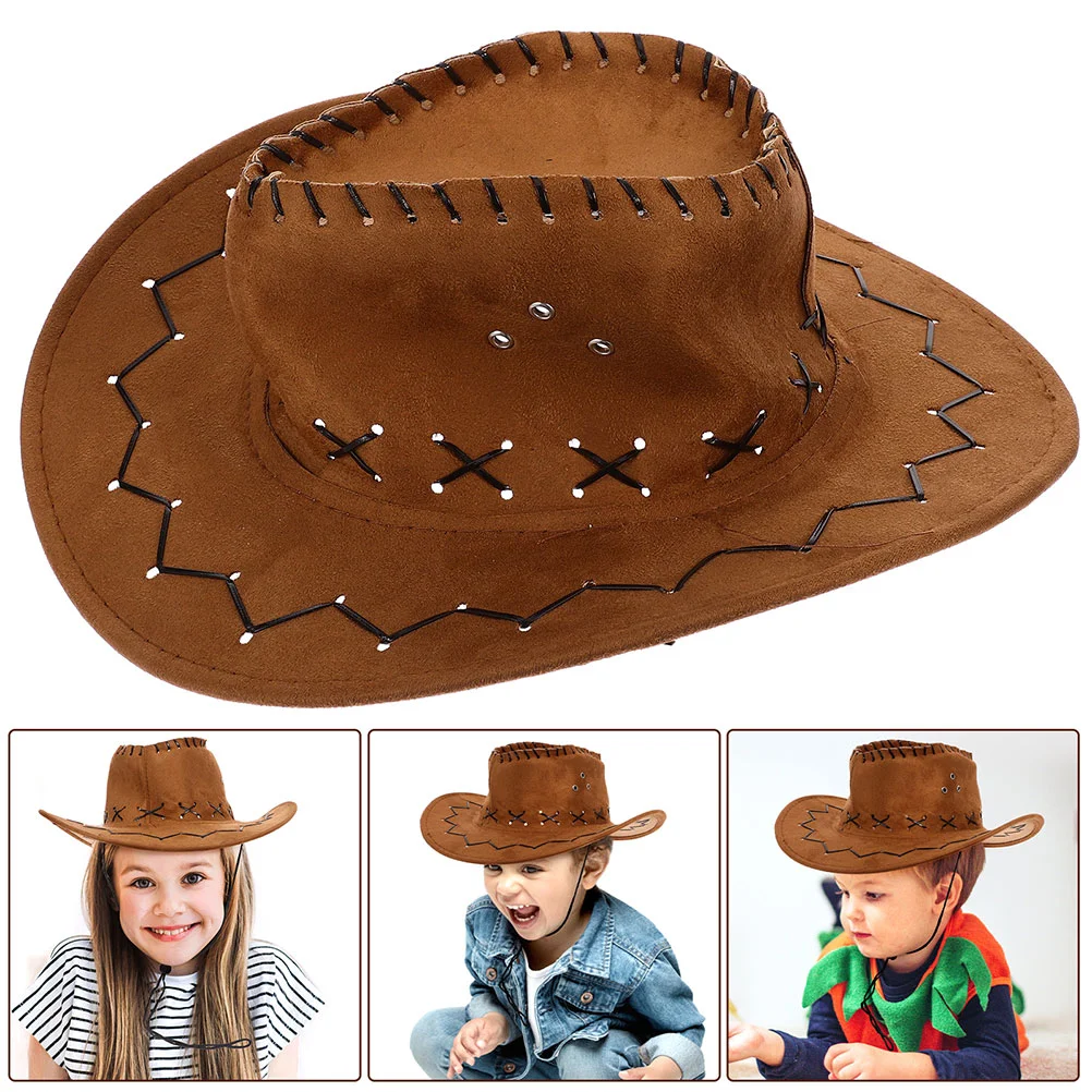 2pcs Kids Girls Boys Wide Brim Western Cowboy Cowgirl Hat with Chin Strap Vintage PU Fedora Hat for Halloween Christmas Holiday