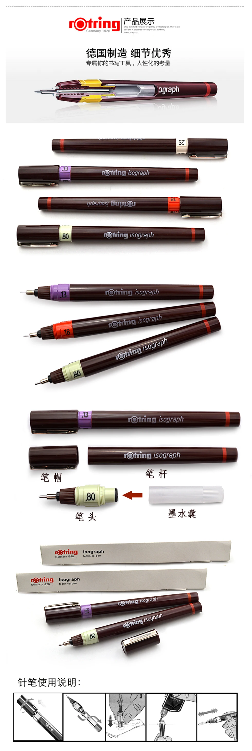 1 Stück Rotring befüllbarer Tintennadelstift, 0,1–1,0 mm Hakenschnurstift, ideal für technisches Zeichnen, Malen, Zeichnen und Kunstwerke – Detail 3