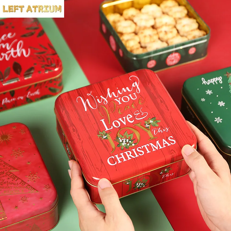 Christmas Candy Storage Box Tinplate Square Gift Packaging Box Cute Cartoon Baking Cookie Box Festival Elements