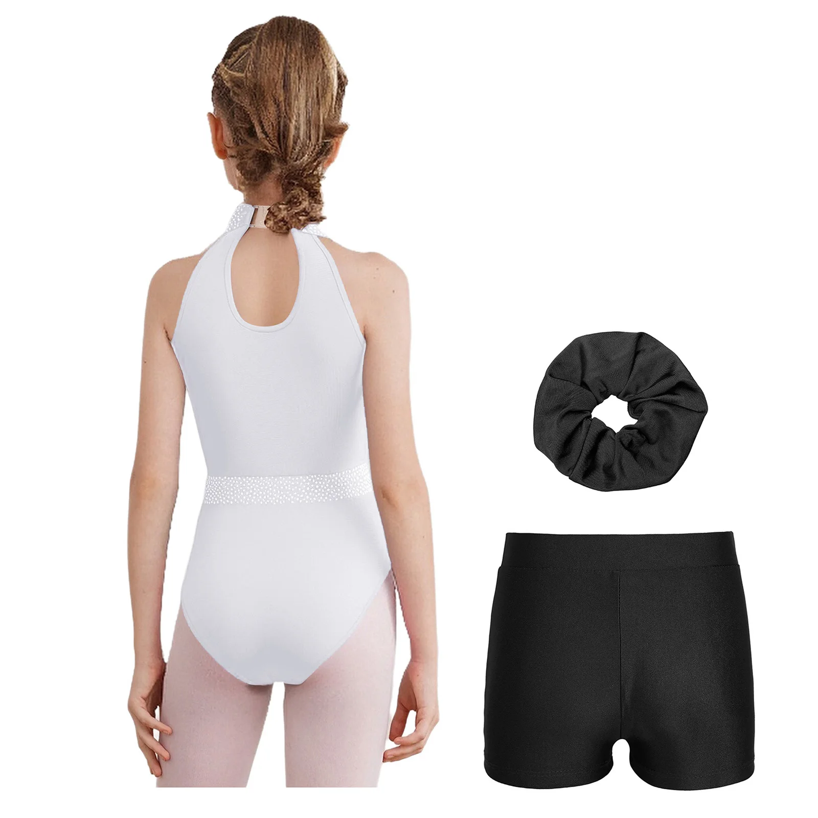 Kids Girls Figure Skating Gymnastics Leotard Shorts Hairband Set Rhinestone Bodysuit Ballet Yoga Dance Stage Competition Costume