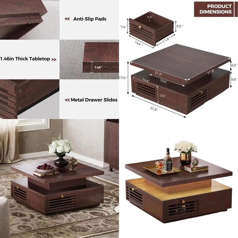 

Журнальный столик из орехового дерева со светодиодной подсветкой и 4 ящиками, зарядная станция, подходит для гостиных и офисных помещений