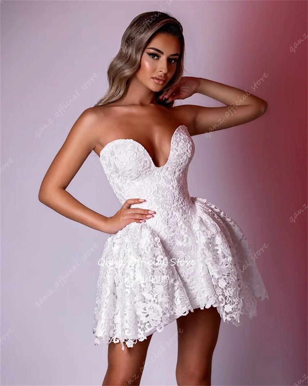 Qanz-Robe de Mariée Chic en Dentelle Personnalisée, Courte, Éducative, Corset au Dos