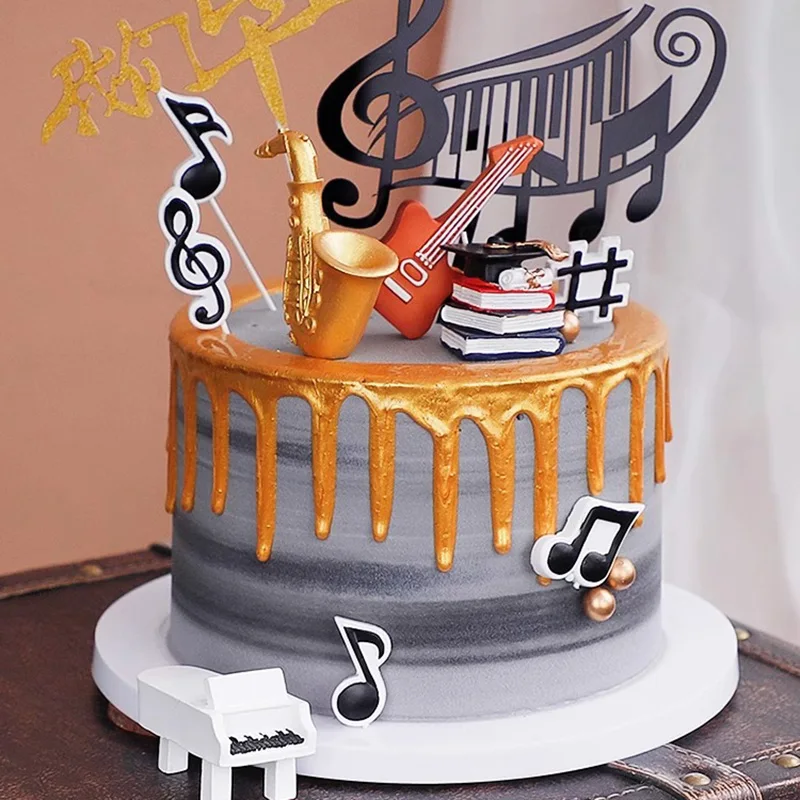Music Theme Cake Toppers Mini Musical Instrument Resin Sax Piano Guitar Piano Notes for Birthday Graduation Party Blessing Decor