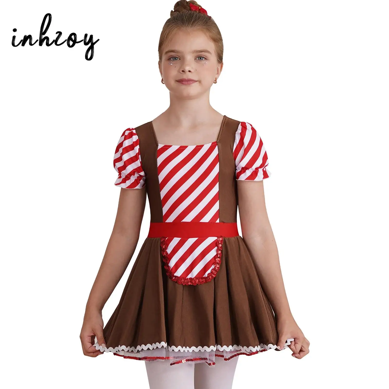 

Kids Girls Christmas Gingerbread Man Costume Short Sleeve Stripes Tutu Skirt Gingerbread Dress Holiday Cookie Role Play Dress up