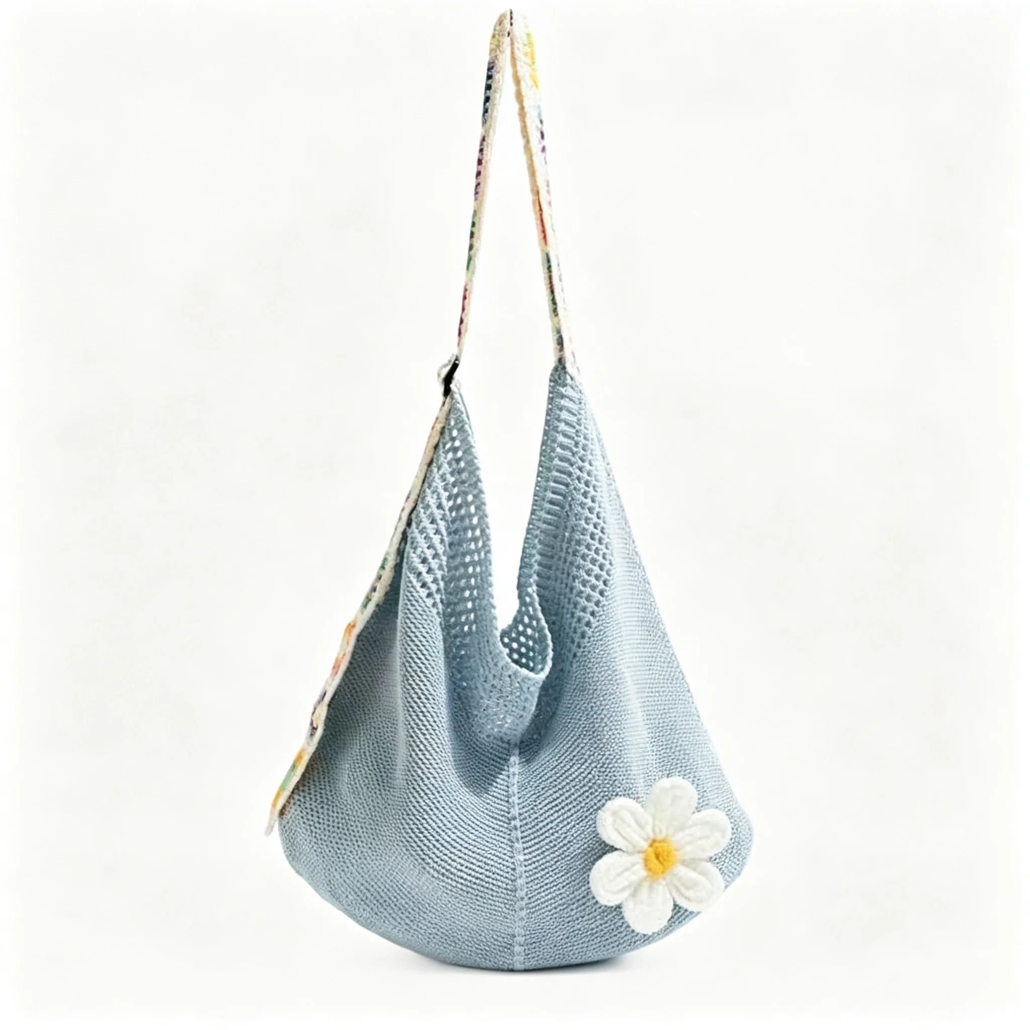 Blue Beige Khaki Light Blue Crochet Mesh Hobo Bag Daisy White Flower Cottage Core Woven Strap Crossbody Shoulder Tote For Girls