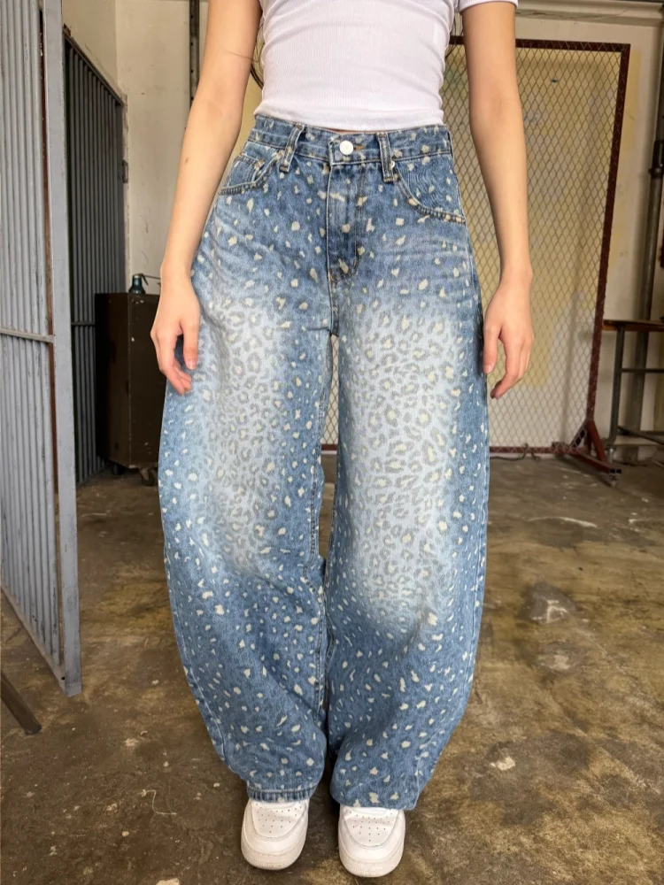 

2025 Ropa Y2K Fashion Leopard Graphic Washed Blue Baggy Jeans Pants Women Clothing New Rock Wide Leg Lady Gothic Denim Trousers