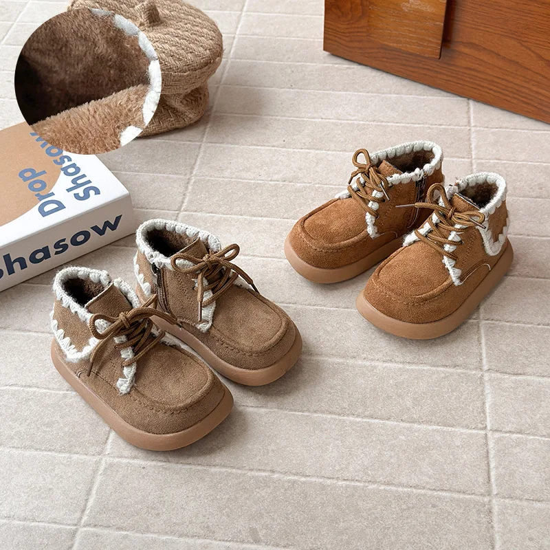 

2025 Winter New Girls' Ankle Boots Fleece Lined Warm Children's Cotton Shoes Retro Anti-slip Soft Sole Baby Kid's Snow Boots