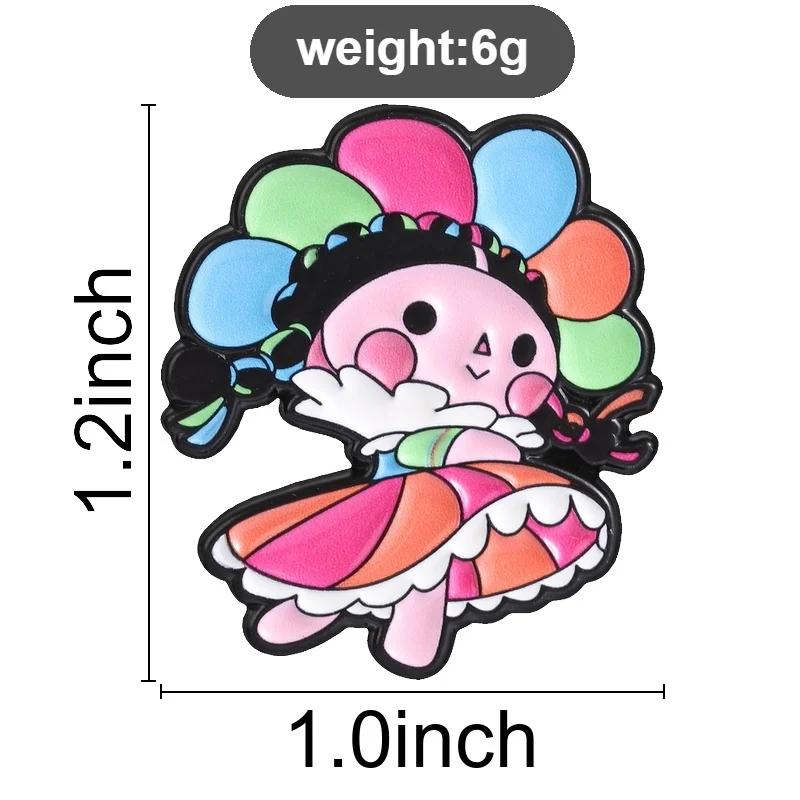 Mexican Lele Doll Enamel Pin,Traditional Cartoon Dancing Girl Badge,Colorful Headdress and Frilled Skirt,Lovely Gift for Friends