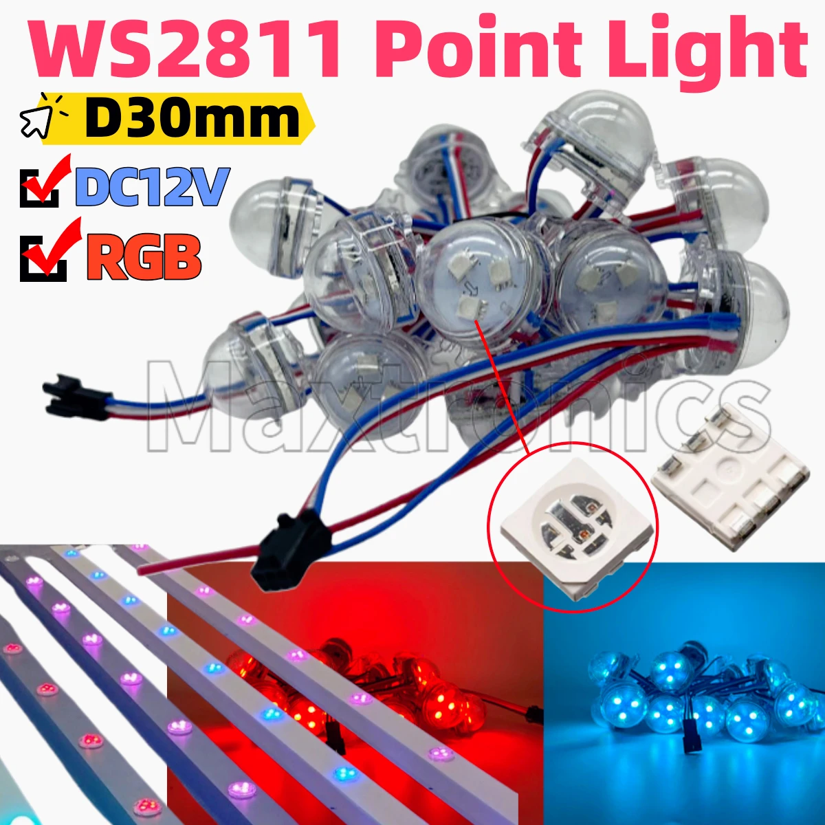 WS2811 Guscio trasparente D30mm Moduli pixel LED diffusi DC12V 3 LED 5050 RGB LED String Light IP68 0,72 W/PCS Colore pieno 200 pezzi