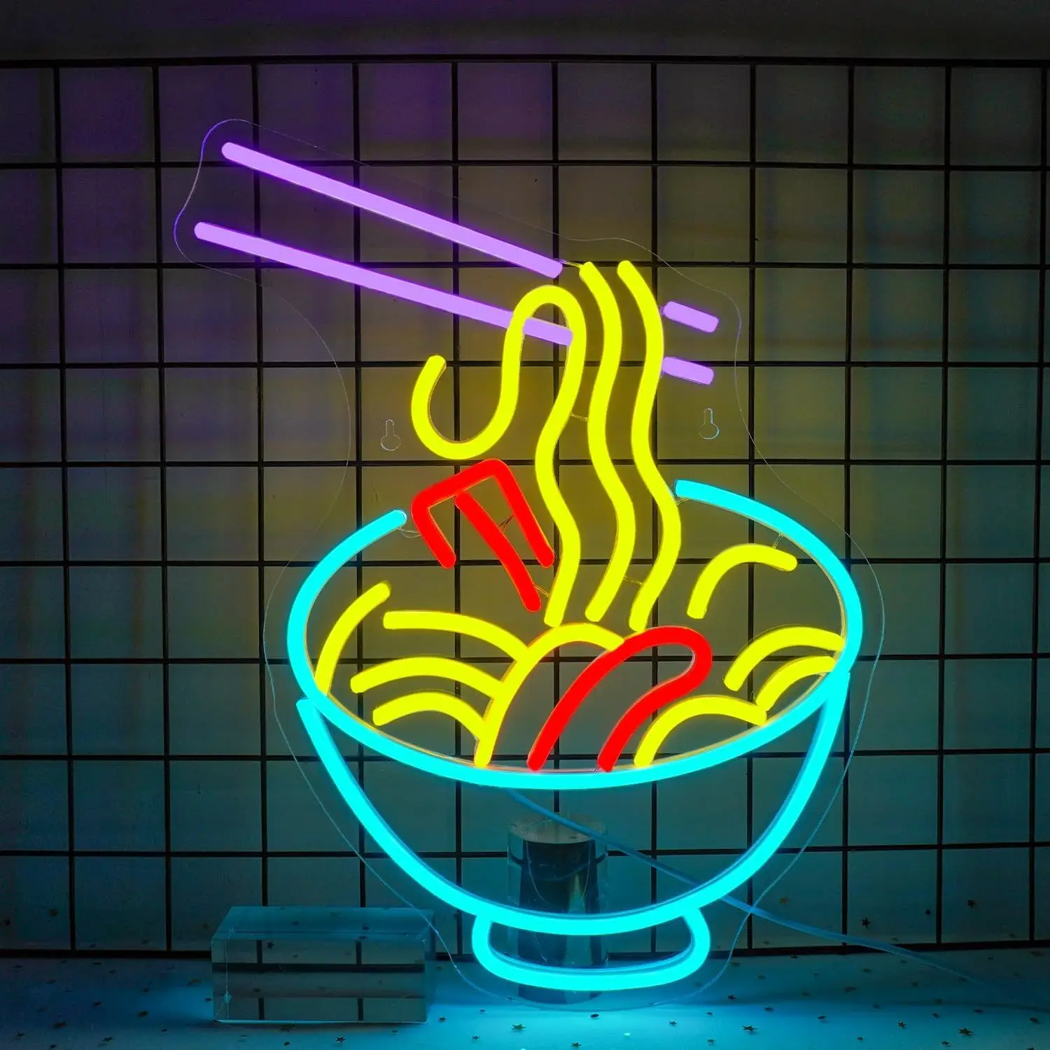 Ramen Noodles Neon Sign Colorful Bowl Chopsticks LED USB Powered Dimmable Wall Art for Asian Restaurant Kitchen Food Shop Decor