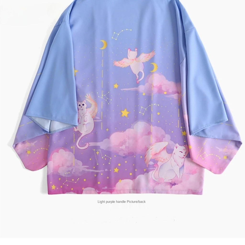 جديد فضفاض الأرجواني Kawaii القطط طباعة اليابانية الشارع الشهير سترة النساء الرجال Harajuku Haori كيمونو تأثيري بلوزة يوكاتا