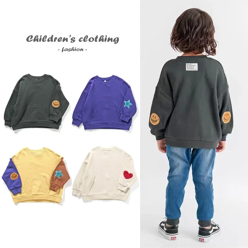 

Детская толстовка с капюшоном, осень 2025 г., однотонный спортивный джемпер с вышивкой улыбки для мальчиков и звездами