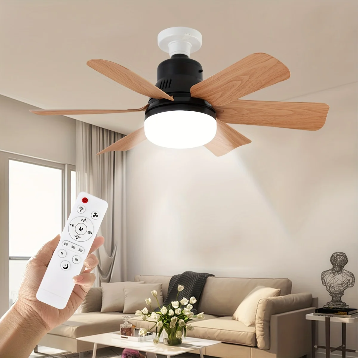 LED 40W Socke Black Wood Grain Ceiling Fan with Light 20.5in Screw Ceiling Fan with Lights with Remote For Edroom/Garage/Kitchen