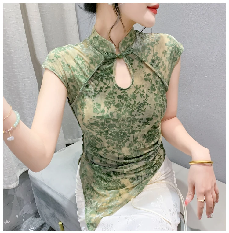 

New Chinese Style Mesh Short Sleeve T Shirt Women Summer Slim Fit Irregular Button Slit Fashion Top
