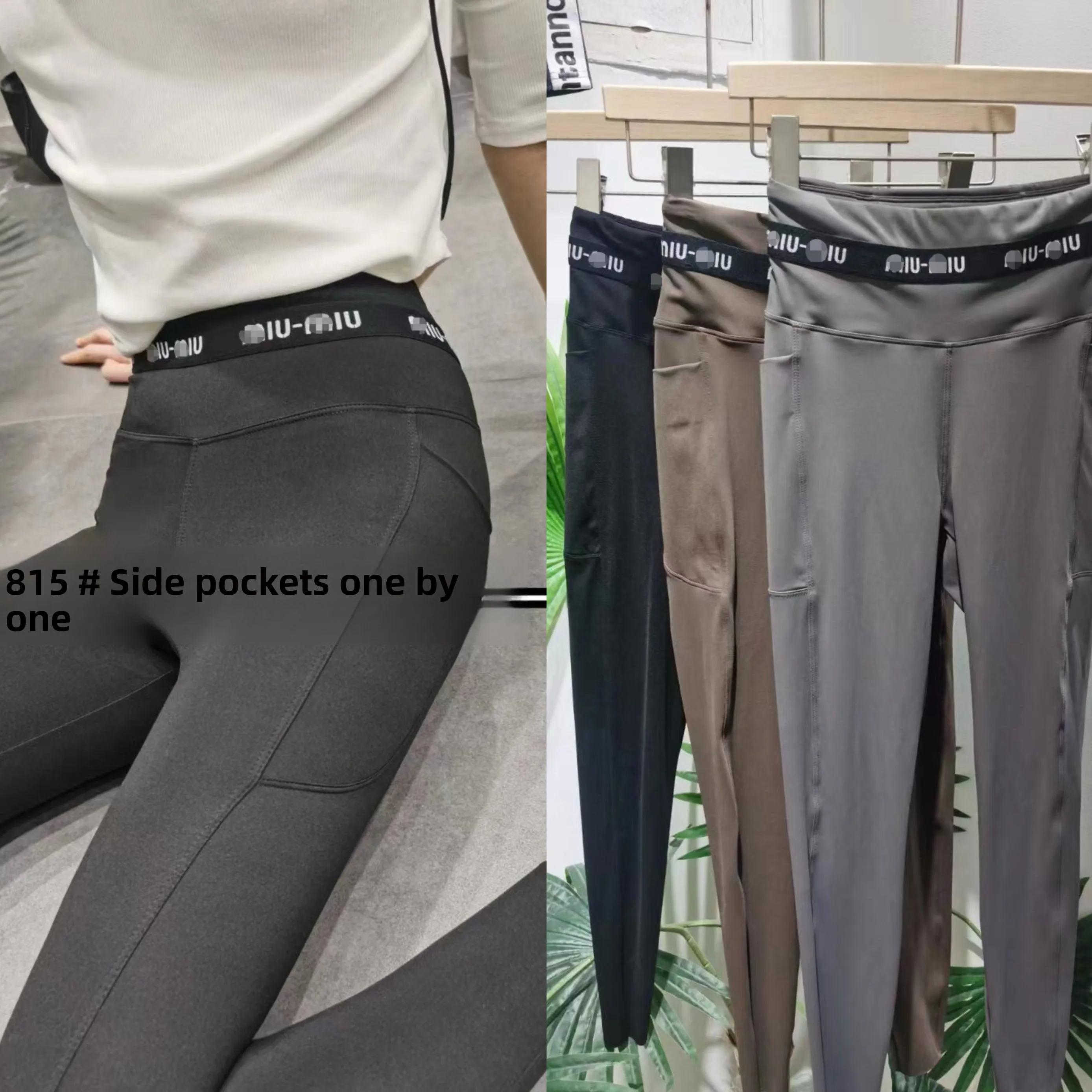 

Faionable ark Base Layer Pants Women's Outerwear Spring Thin High Waist Tight Nine Points Letter Waist Side ket Fitnes...