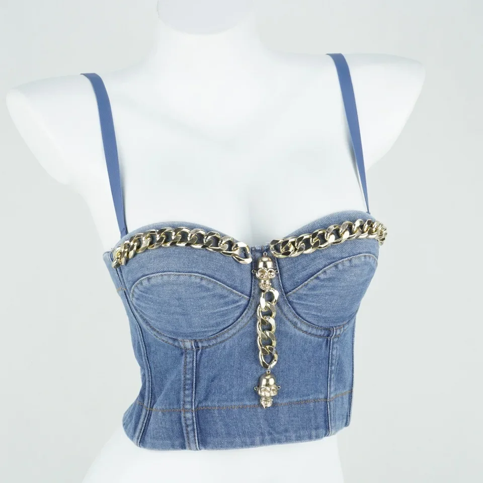 Cowboy Hottie Fishbone Plunge Camisole Tops Women Short Neckless Slim Y2k Tops Chain Design Tank Top