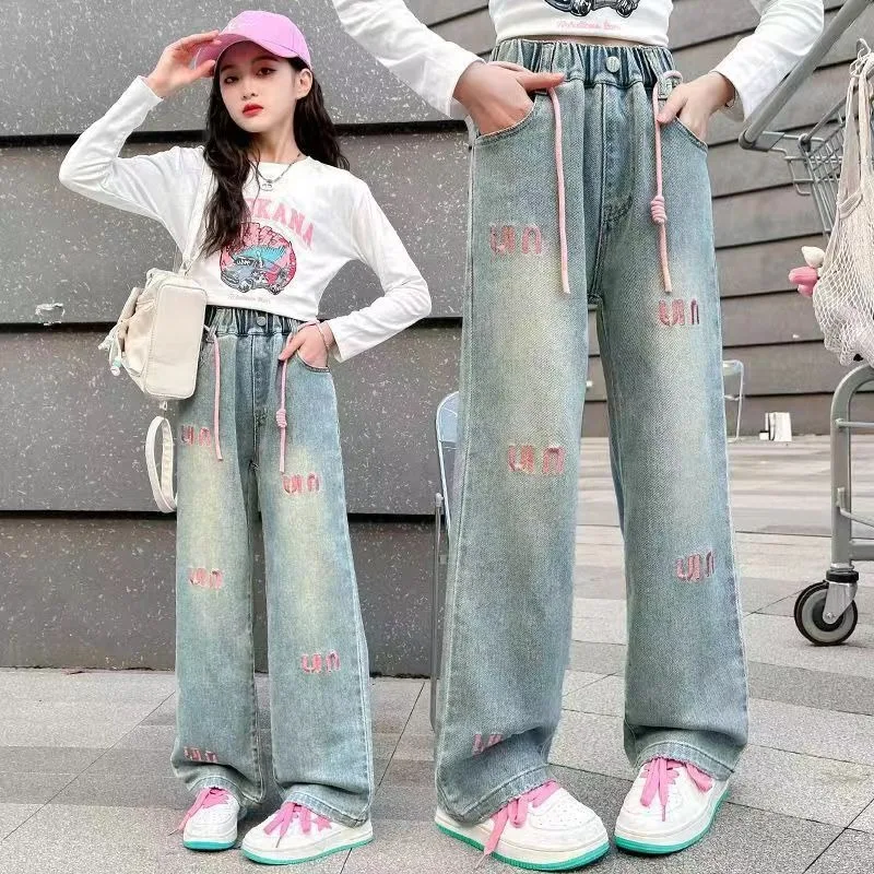 

Girls' Vintage Blue Straight Leg Wide Jeans Spring Autumn New Children's Outerwear Trendy Medium To Large Kids Pants