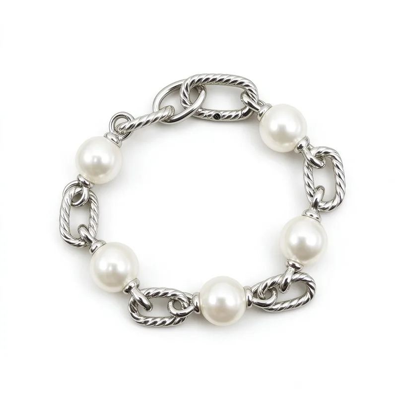 Madison Style White Pearl Twisted Oval Link Chain Bracelet for Women High Quality Polished Alloy Chunky Cable Chain Links Alternating White Pearls Elegant Classic Fashion Jewelry for Wedding Daily Wear Party Christmas Birthday Anniversary Gift for Her