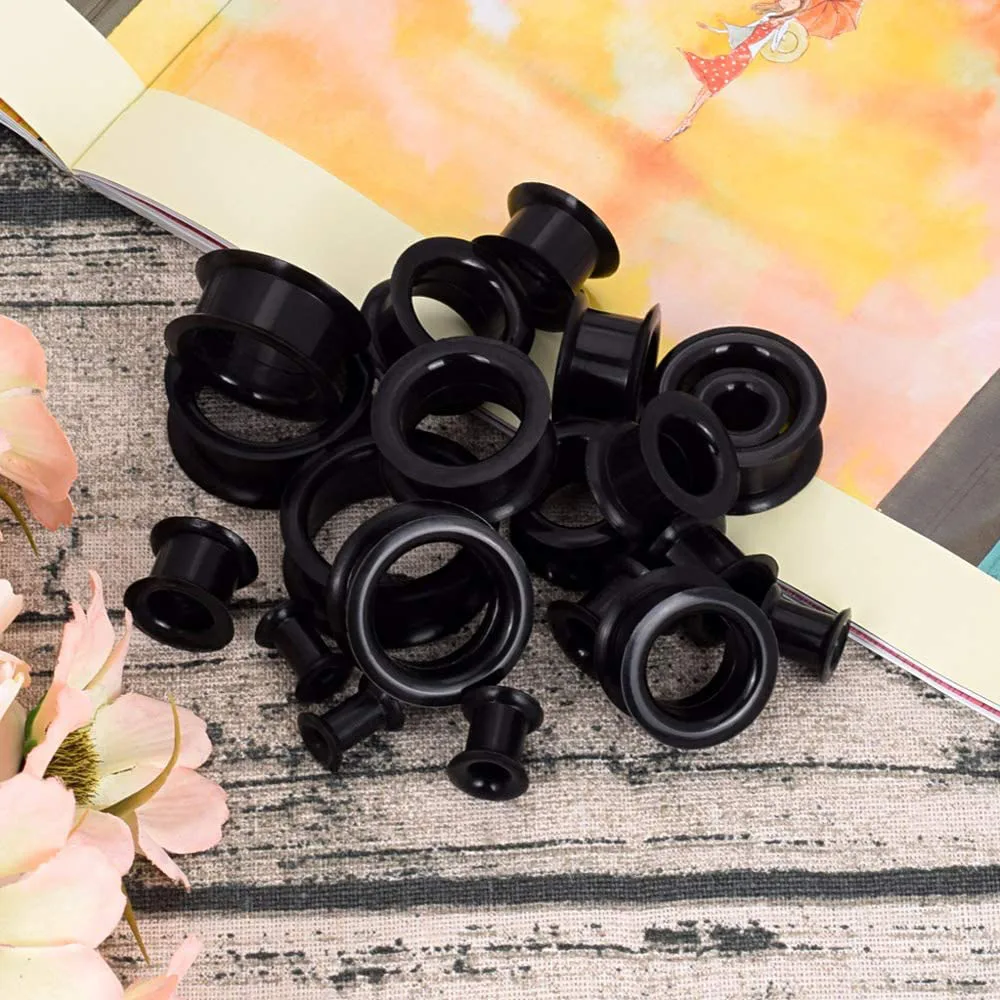 1 PC/10 PCS Piercing Tunnel Set Soft/Hard Silicone Flesh Tunnel Plug 2g-25mm Flexible Ear Stretching Gauge Expander Black