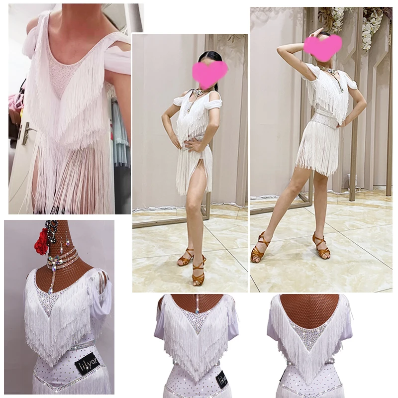 New Latin Dance Dress Skirt Competition Dresses White Decoration Latin Dance Costumes Skirt Tassel Fishone Skirtes Round Neck