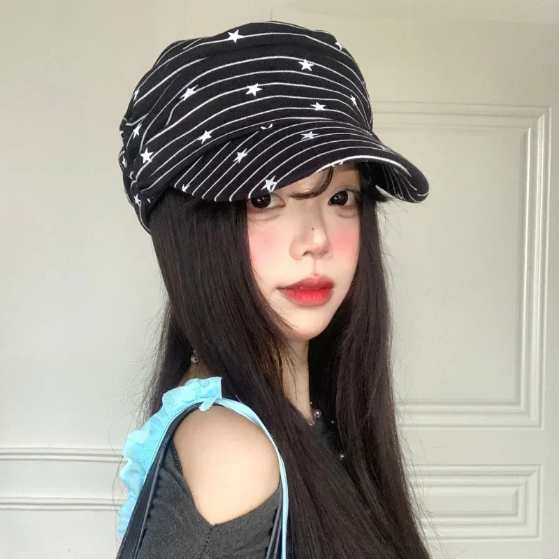 Koreanischer Stil Stern- und Streifenmuster Plissierter Reiterhut Frühling und Herbst Neue Vielseitige Mode Große Version Sonnenblende Newsboy-Kappe – Detail 1