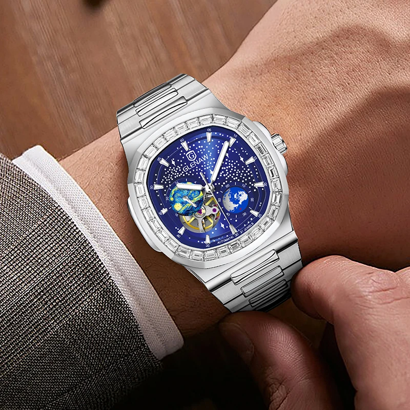 GLENAW Casual Fashion Mechanical Aesthetic Starry Sky Multi-dial Design 3ATM Waterproof Fully Automatic Mechanical Hollow Watch