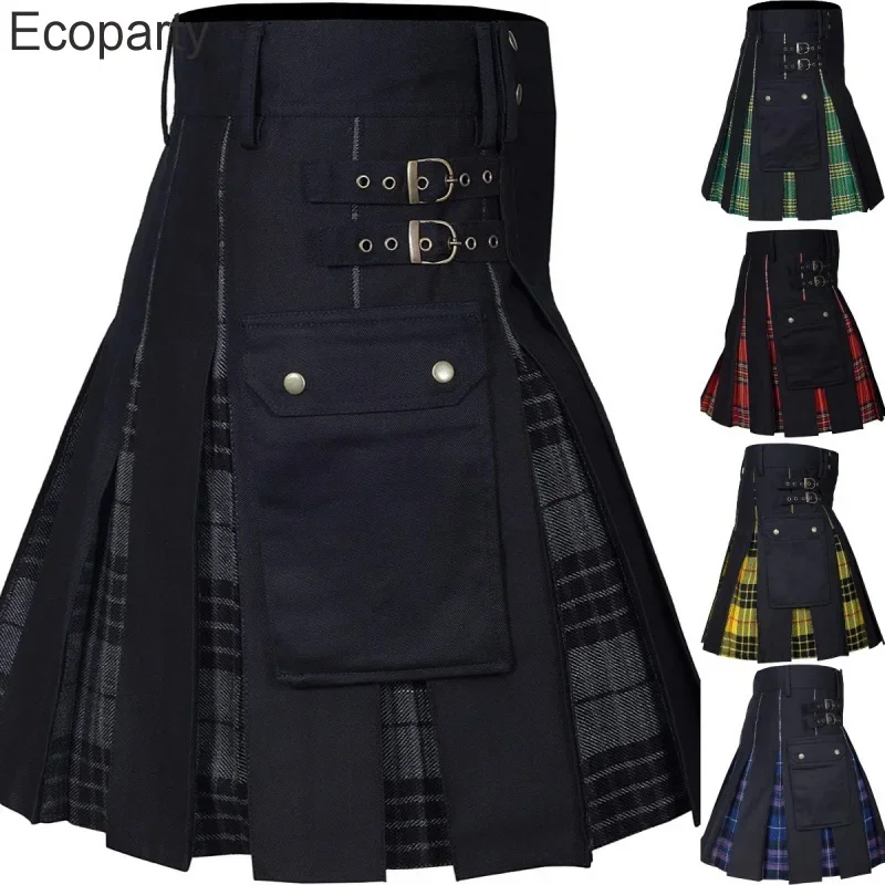 5XL Men's Scottish Kilt Retro Gothic Pleated Skirt Hip Hop Shorts Sashes Pocket Knee Length Scotland Traditional Highland Kilt