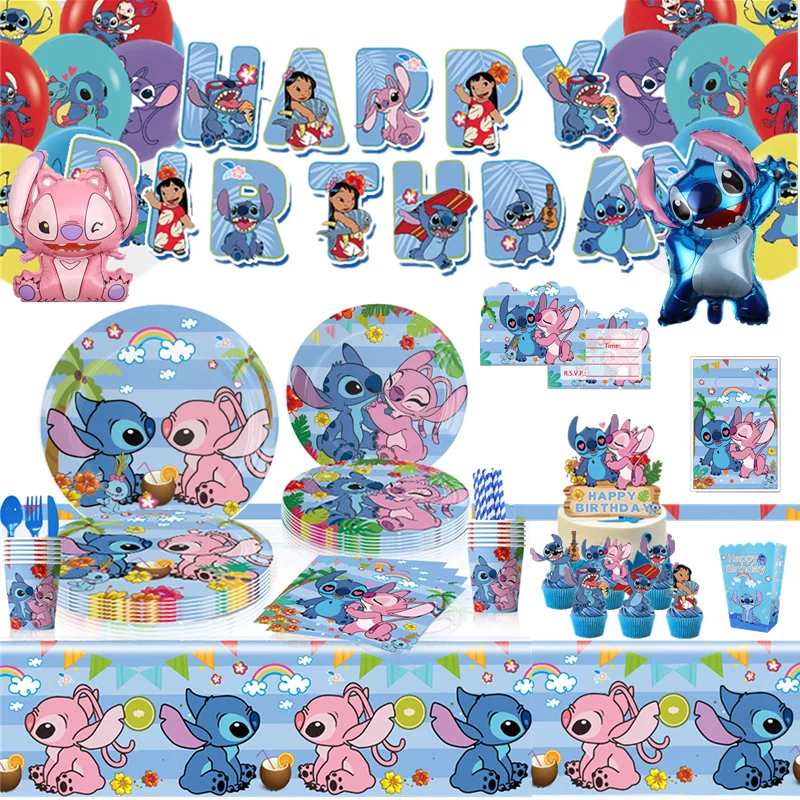 

Disney Stitch Birthday Party Decoration Supplies Baby Shower Paper Tableware Kids Party Cup Plate Balloon Angel Backdrop Decor