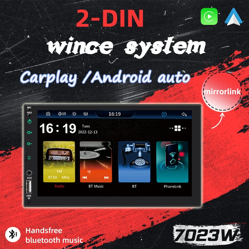 Car MP5 Stereo 7'' 2 Din Capacitive Screen Player Bluetooth FM/EQ/USB/TF/AUX Hands-free Wireless Carplay Android Auto MirrorLink