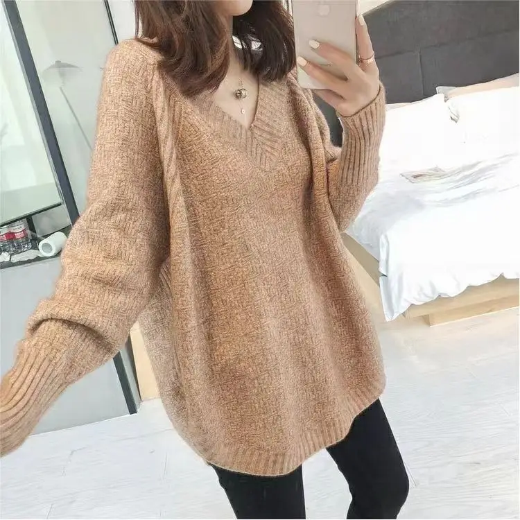 

Повседневный новый свободный вязаный свитер с v-образным вырезом, женский осенне-зимний новый стиль, средняя длина, большие размеры, модный базовый слой, женский топ M86